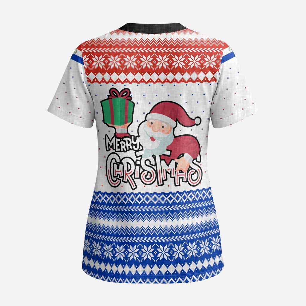 Paraguay Christmas Scrub Top with Red-White-Blue Design, National Seal, and Santa Motif - Wonder Print Shop