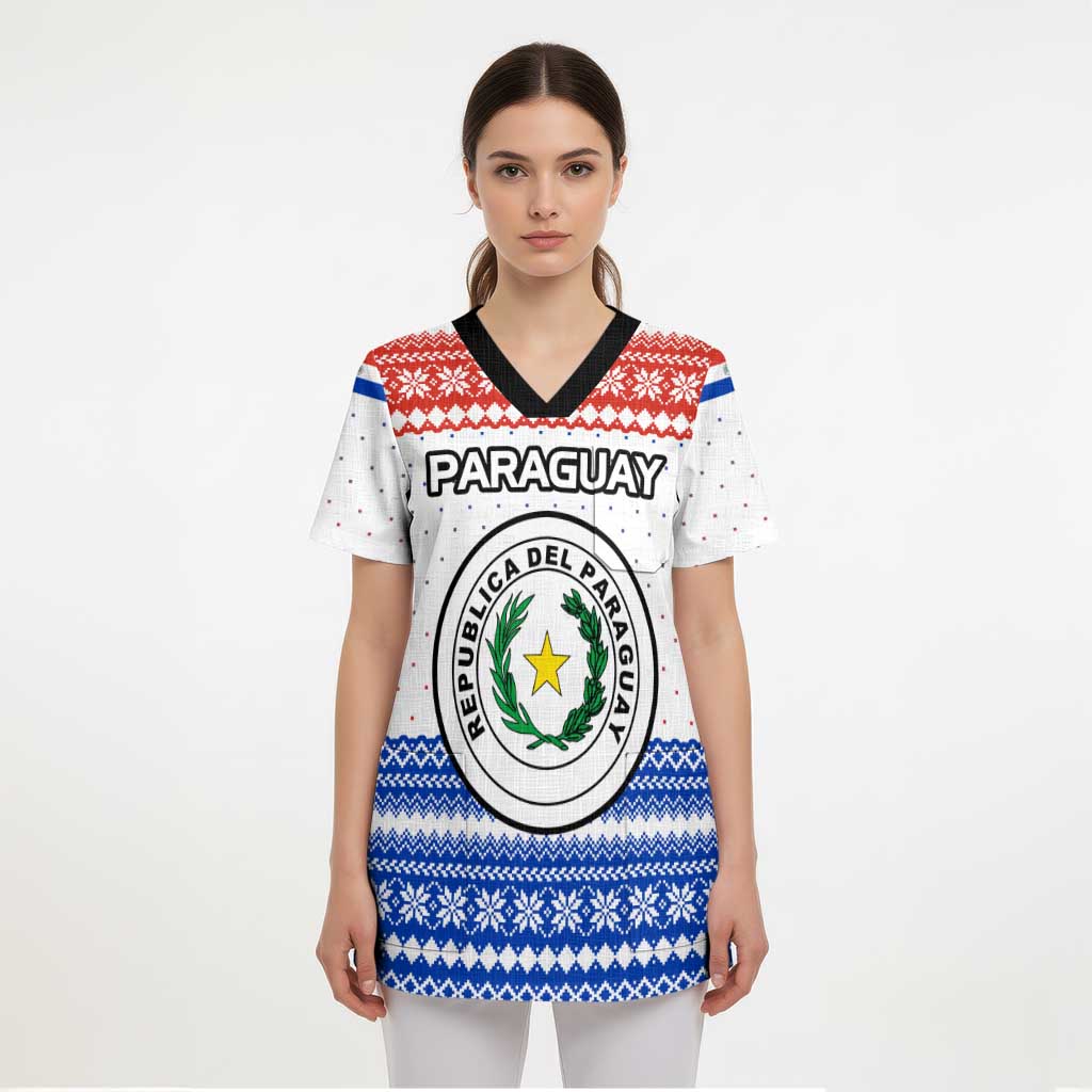 Paraguay Christmas Scrub Top with Red-White-Blue Design, National Seal, and Santa Motif - Wonder Print Shop