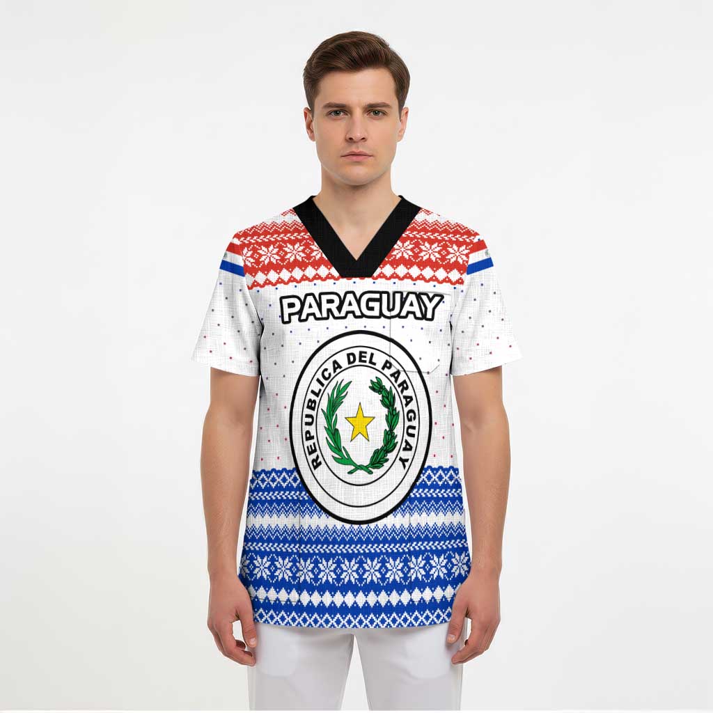 Paraguay Christmas Scrub Top with Red-White-Blue Design, National Seal, and Santa Motif - Wonder Print Shop