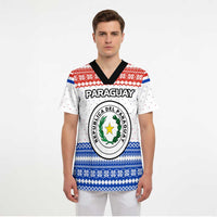 Paraguay Christmas Scrub Top with Red-White-Blue Design, National Seal, and Santa Motif - Wonder Print Shop
