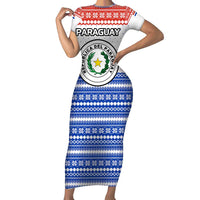 Paraguay Christmas Short Sleeve Bodycon Dress with Red-White-Blue Design, National Seal, and Santa Motif - Wonder Print Shop