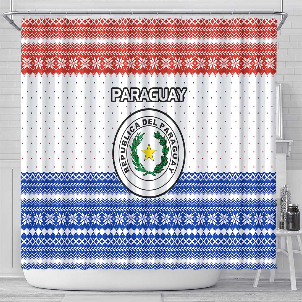 Paraguay Christmas Shower Curtain with Red-White-Blue Design, National Seal, and Santa Motif - Wonder Print Shop