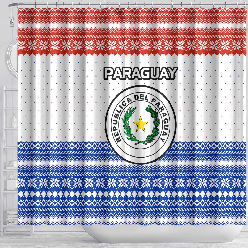 Paraguay Christmas Shower Curtain with Red-White-Blue Design, National Seal, and Santa Motif - Wonder Print Shop