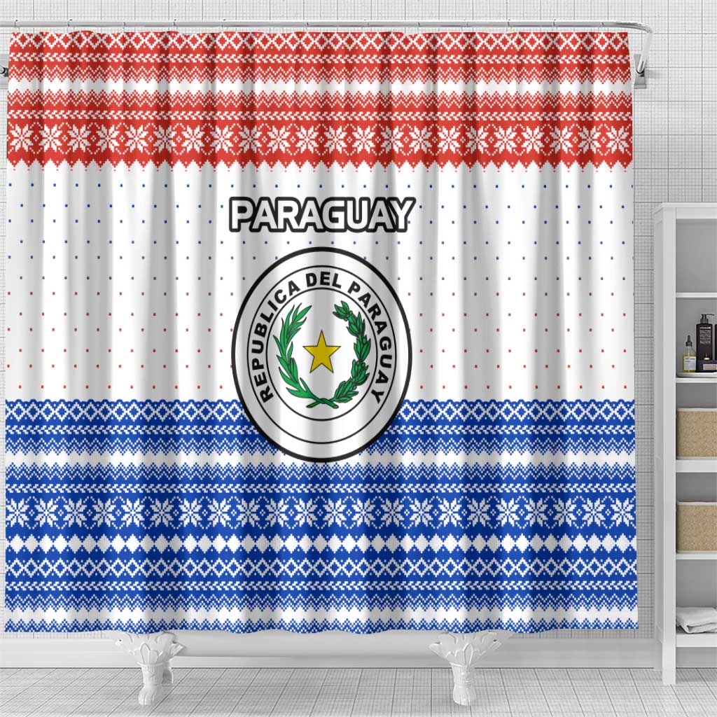 Paraguay Christmas Shower Curtain with Red-White-Blue Design, National Seal, and Santa Motif - Wonder Print Shop