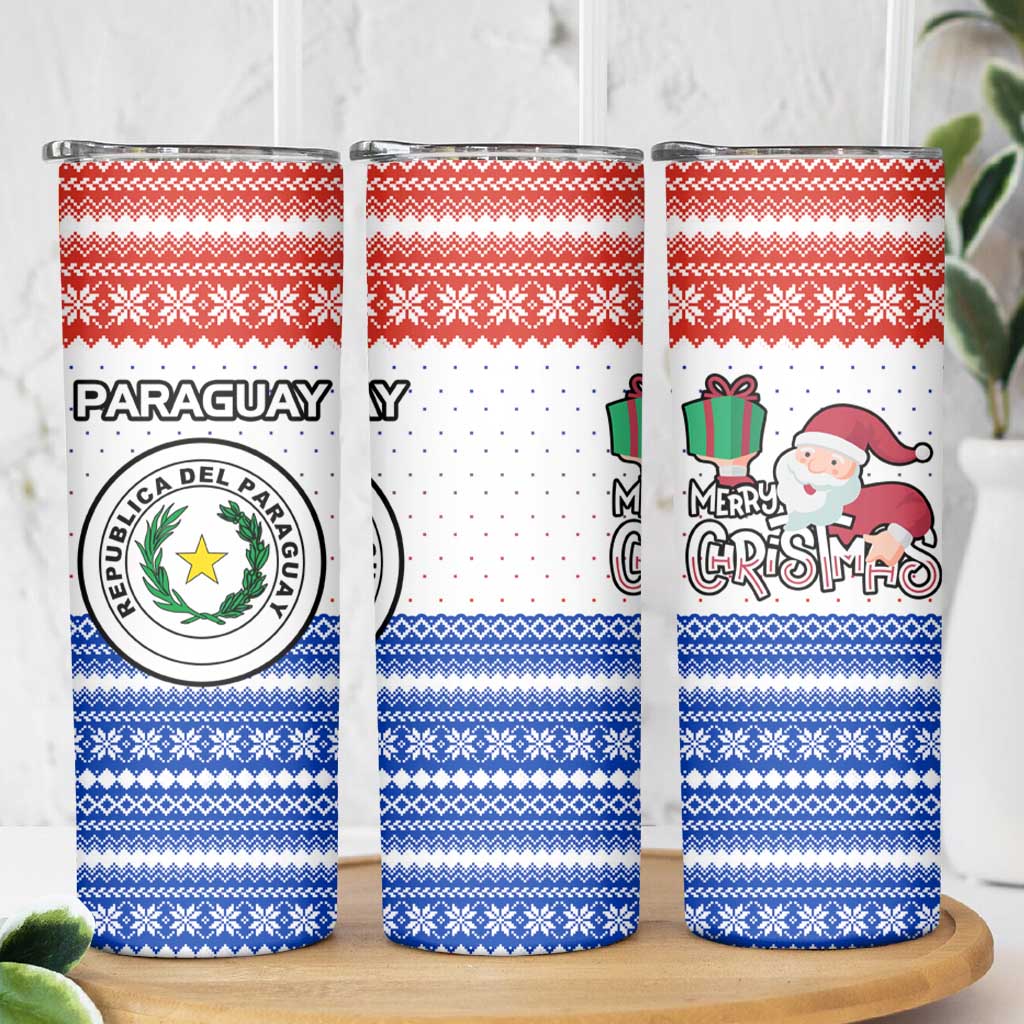 Paraguay Christmas Skinny Tumbler with Red-White-Blue Design, National Seal, and Santa Motif - Wonder Print Shop