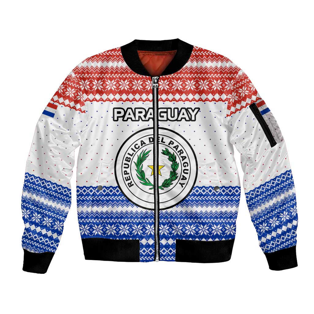 Paraguay Christmas Sleeve Zip Bomber Jacket with Red-White-Blue Design, National Seal, and Santa Motif - Wonder Print Shop