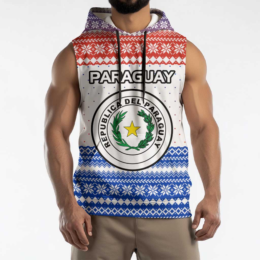 Paraguay Christmas Sleeveless Hoodie with Red-White-Blue Design, National Seal, and Santa Motif - Wonder Print Shop