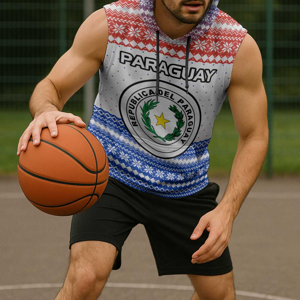 Paraguay Christmas Sleeveless Hoodie with Red-White-Blue Design, National Seal, and Santa Motif - Wonder Print Shop