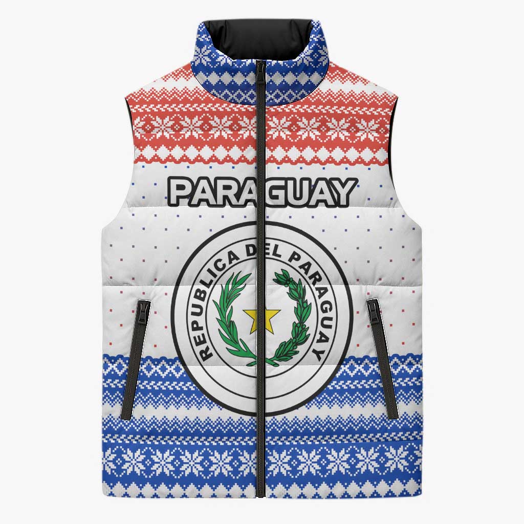 Paraguay Christmas Sleeveless Puffer Jacket with Red-White-Blue Design, National Seal, and Santa Motif - Wonder Print Shop