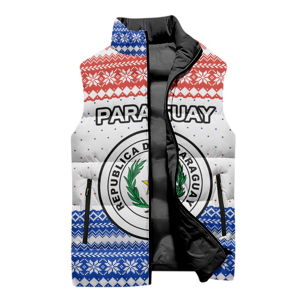 Paraguay Christmas Sleeveless Puffer Jacket with Red-White-Blue Design, National Seal, and Santa Motif - Wonder Print Shop