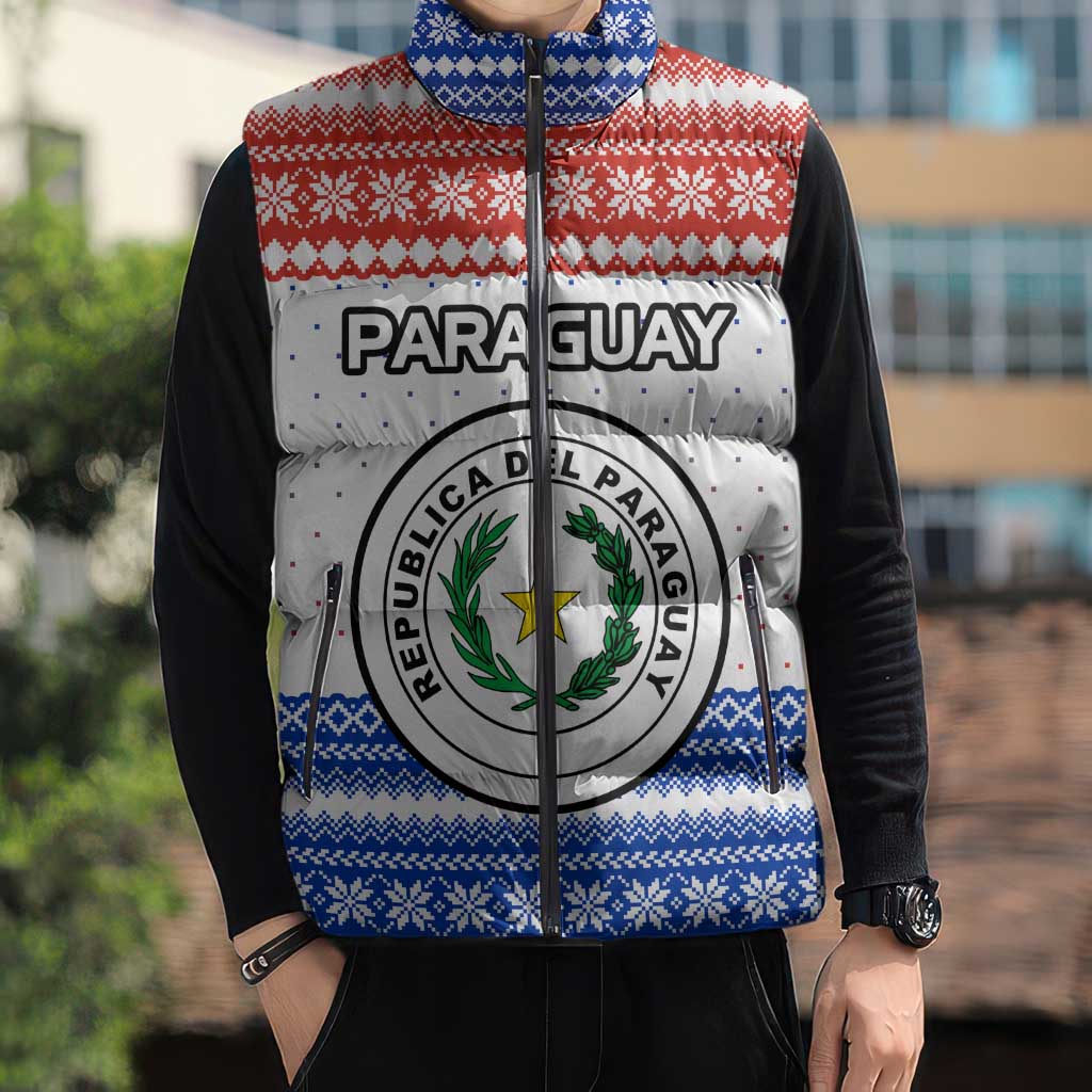 Paraguay Christmas Sleeveless Puffer Jacket with Red-White-Blue Design, National Seal, and Santa Motif - Wonder Print Shop