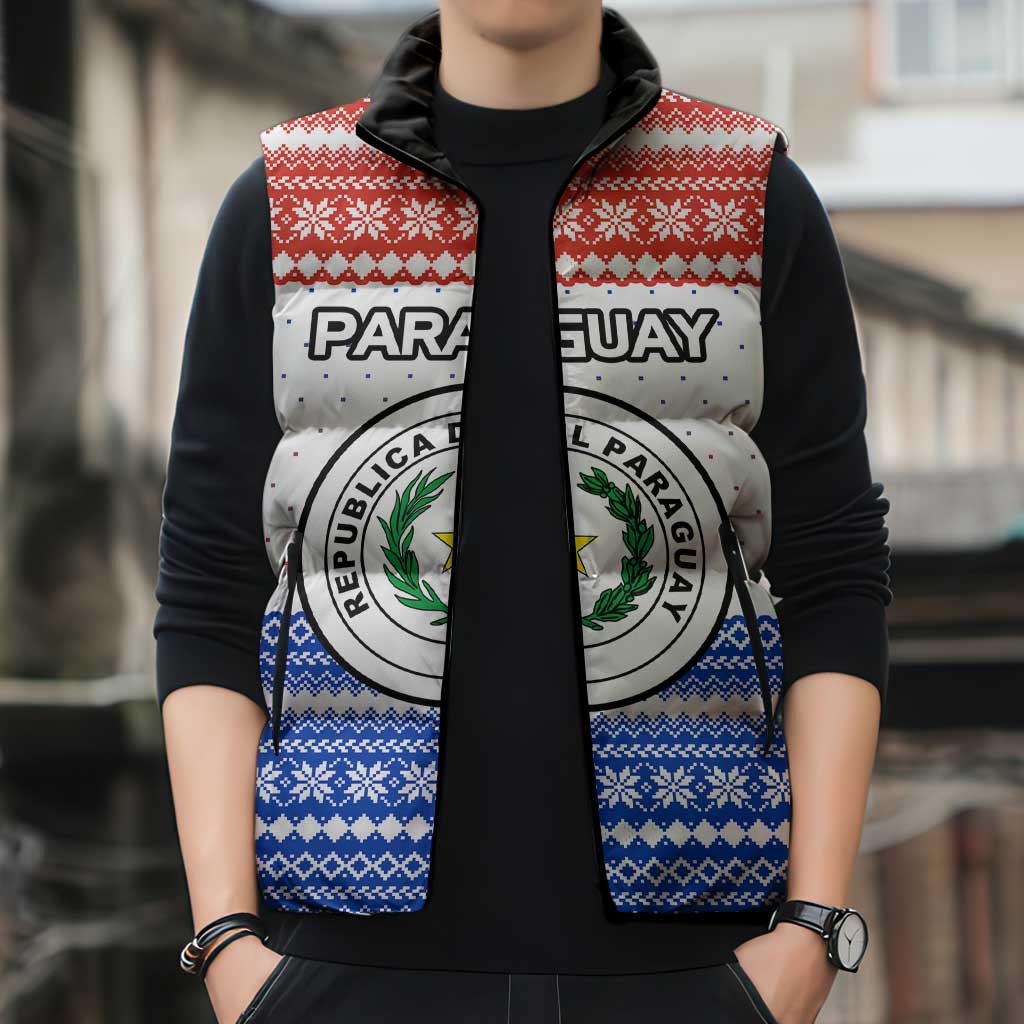 Paraguay Christmas Sleeveless Puffer Jacket with Red-White-Blue Design, National Seal, and Santa Motif - Wonder Print Shop