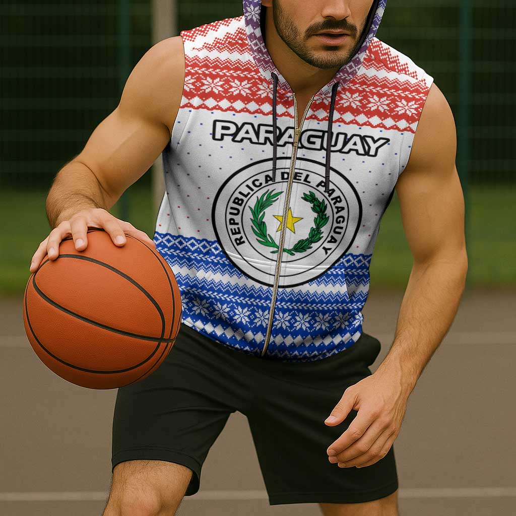 Paraguay Christmas Sleeveless Zip Hoodie with Red-White-Blue Design, National Seal, and Santa Motif - Wonder Print Shop