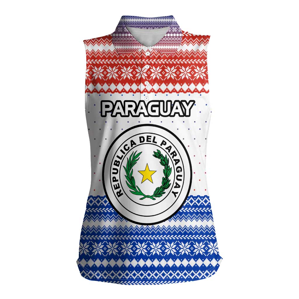 Paraguay Christmas Women Sleeveless Polo Shirt with Red-White-Blue Design, National Seal, and Santa Motif - Wonder Print Shop