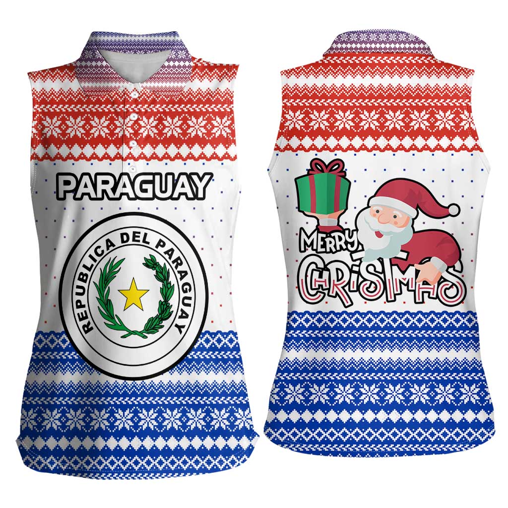 Paraguay Christmas Women Sleeveless Polo Shirt with Red-White-Blue Design, National Seal, and Santa Motif - Wonder Print Shop
