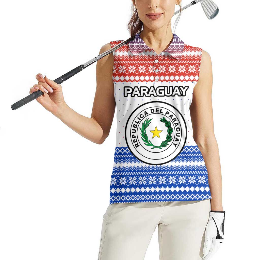 Paraguay Christmas Women Sleeveless Polo Shirt with Red-White-Blue Design, National Seal, and Santa Motif - Wonder Print Shop