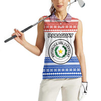 Paraguay Christmas Women Sleeveless Polo Shirt with Red-White-Blue Design, National Seal, and Santa Motif - Wonder Print Shop