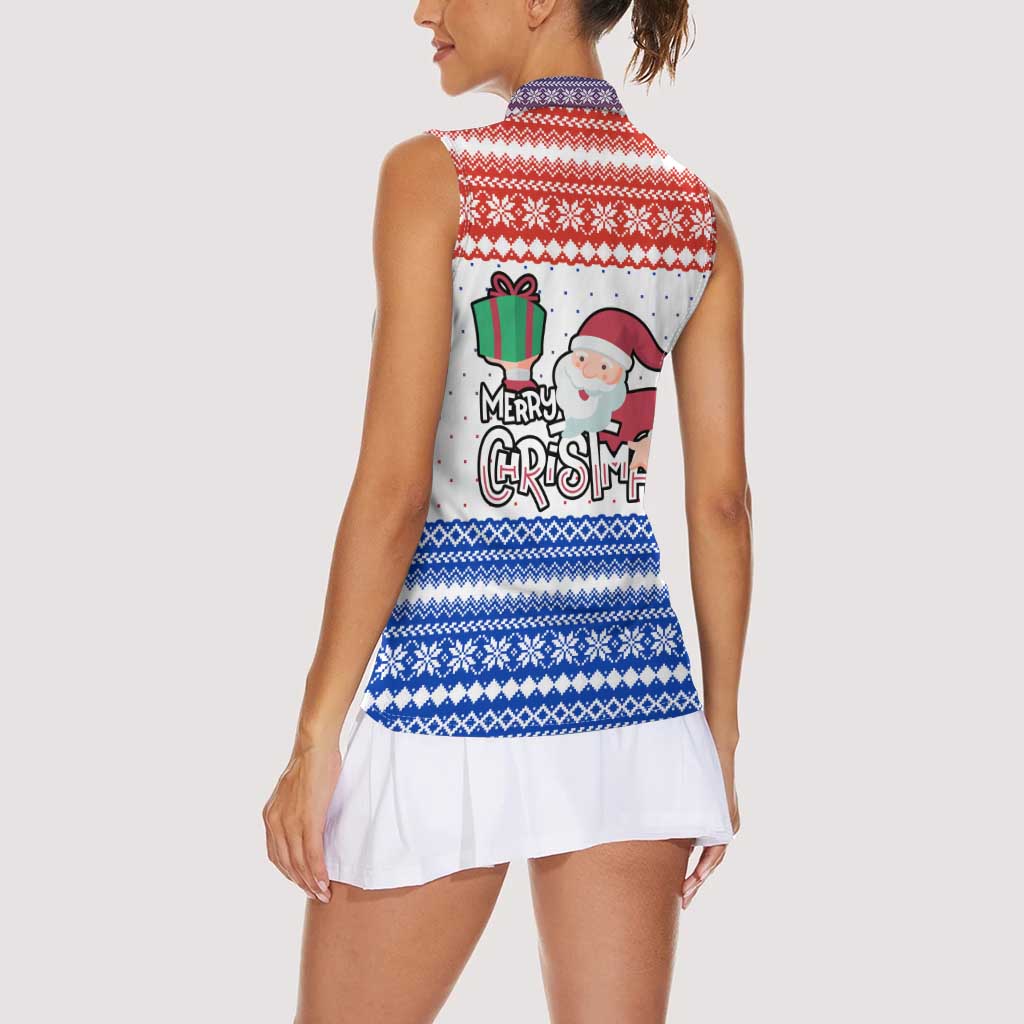Paraguay Christmas Women Sleeveless Polo Shirt with Red-White-Blue Design, National Seal, and Santa Motif - Wonder Print Shop