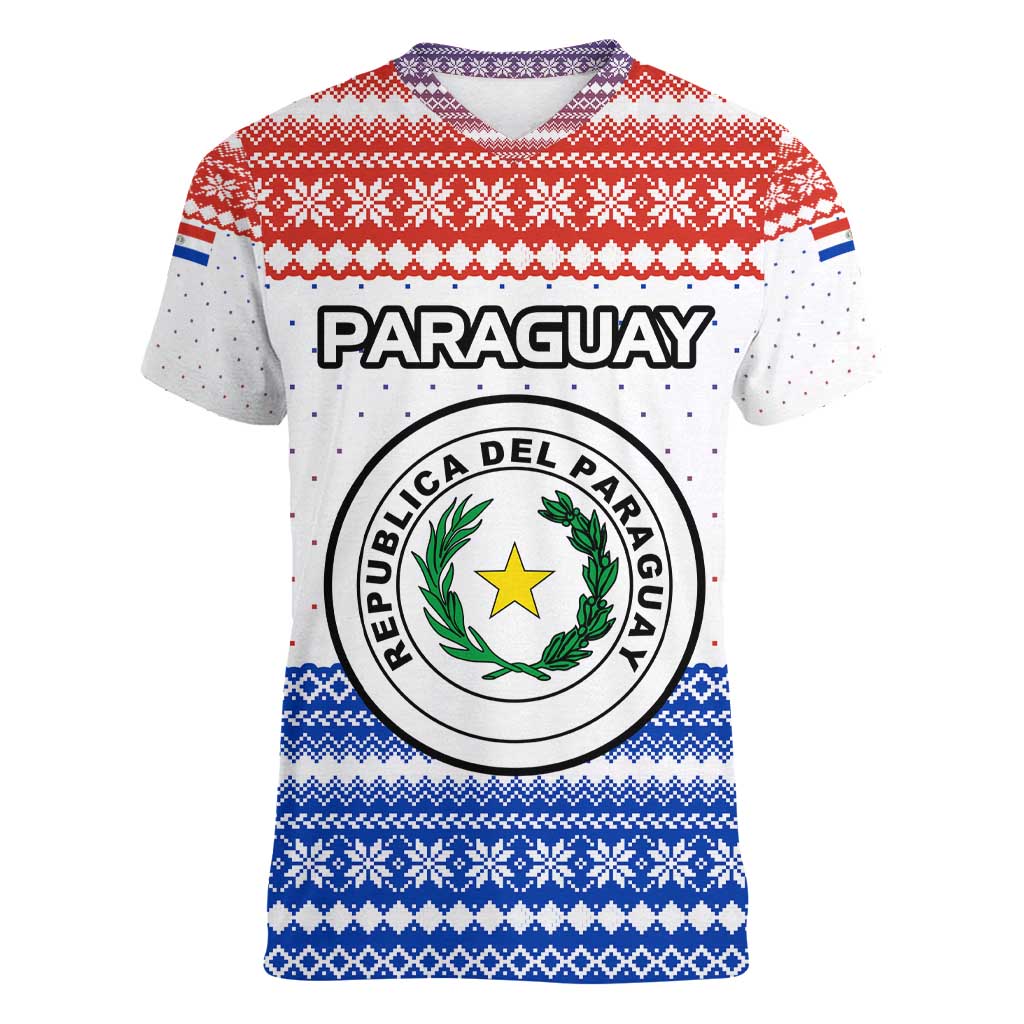 Paraguay Christmas Women V-Neck T-Shirt with Red-White-Blue Design, National Seal, and Santa Motif - Wonder Print Shop