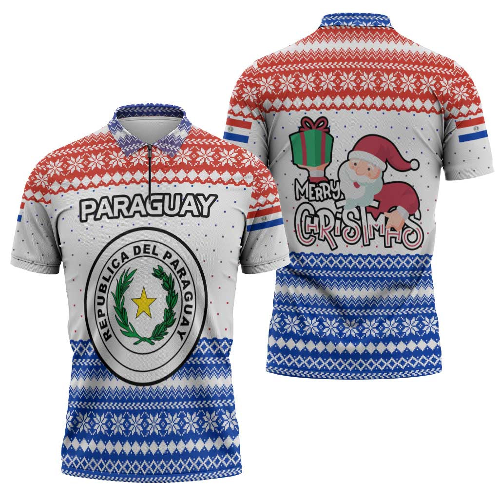 Paraguay Christmas Zipper Polo Shirt with Red-White-Blue Design, National Seal, and Santa Motif - Wonder Print Shop