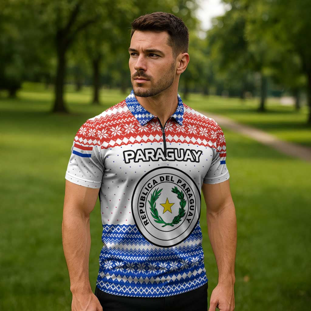 Paraguay Christmas Zipper Polo Shirt with Red-White-Blue Design, National Seal, and Santa Motif - Wonder Print Shop