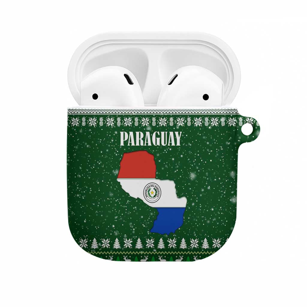 Paraguay Christmas AirPods Case with Green Festive Pattern, Map and Flag Motif, and Santa Illustration - Wonder Print Shop