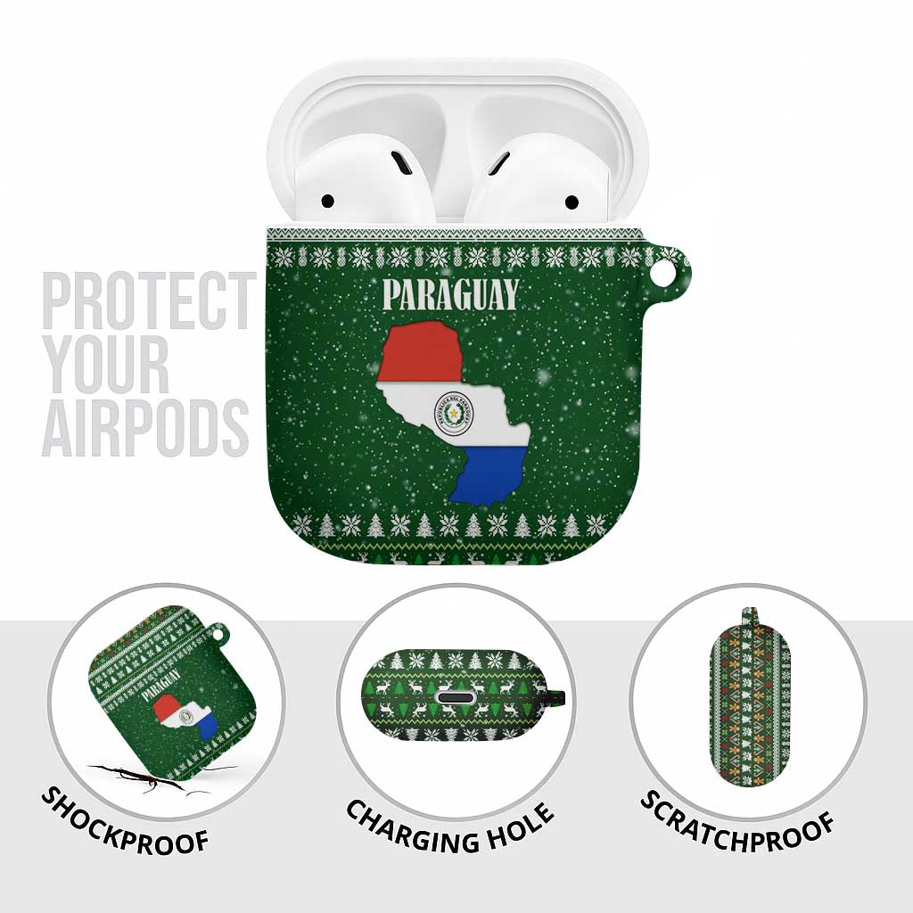 Paraguay Christmas AirPods Case with Green Festive Pattern, Map and Flag Motif, and Santa Illustration - Wonder Print Shop
