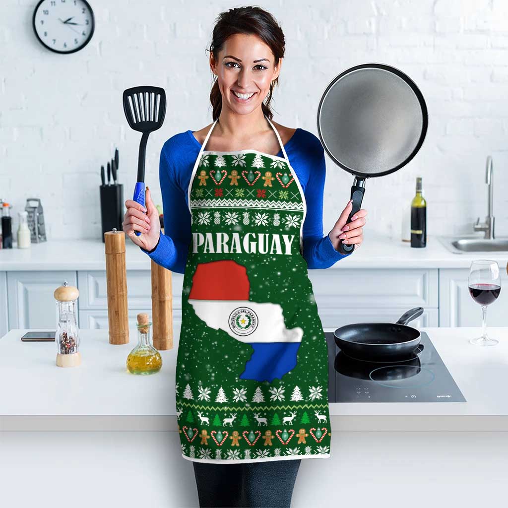 Paraguay Christmas Apron with Green Festive Pattern, Map and Flag Motif, and Santa Illustration - Wonder Print Shop