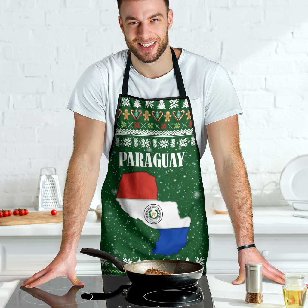 Paraguay Christmas Apron with Green Festive Pattern, Map and Flag Motif, and Santa Illustration - Wonder Print Shop
