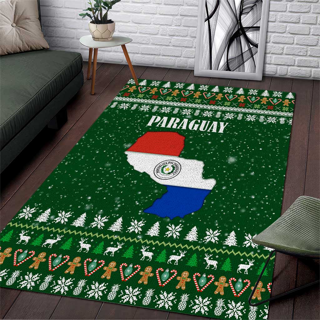 Paraguay Christmas Area Rug with Green Festive Pattern, Map and Flag Motif, and Santa Illustration - Wonder Print Shop