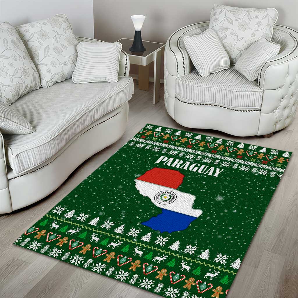 Paraguay Christmas Area Rug with Green Festive Pattern, Map and Flag Motif, and Santa Illustration - Wonder Print Shop
