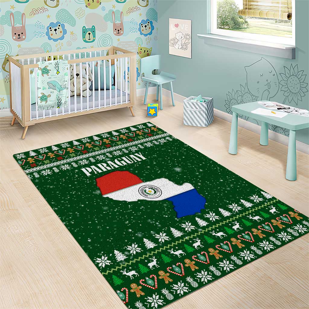 Paraguay Christmas Area Rug with Green Festive Pattern, Map and Flag Motif, and Santa Illustration - Wonder Print Shop