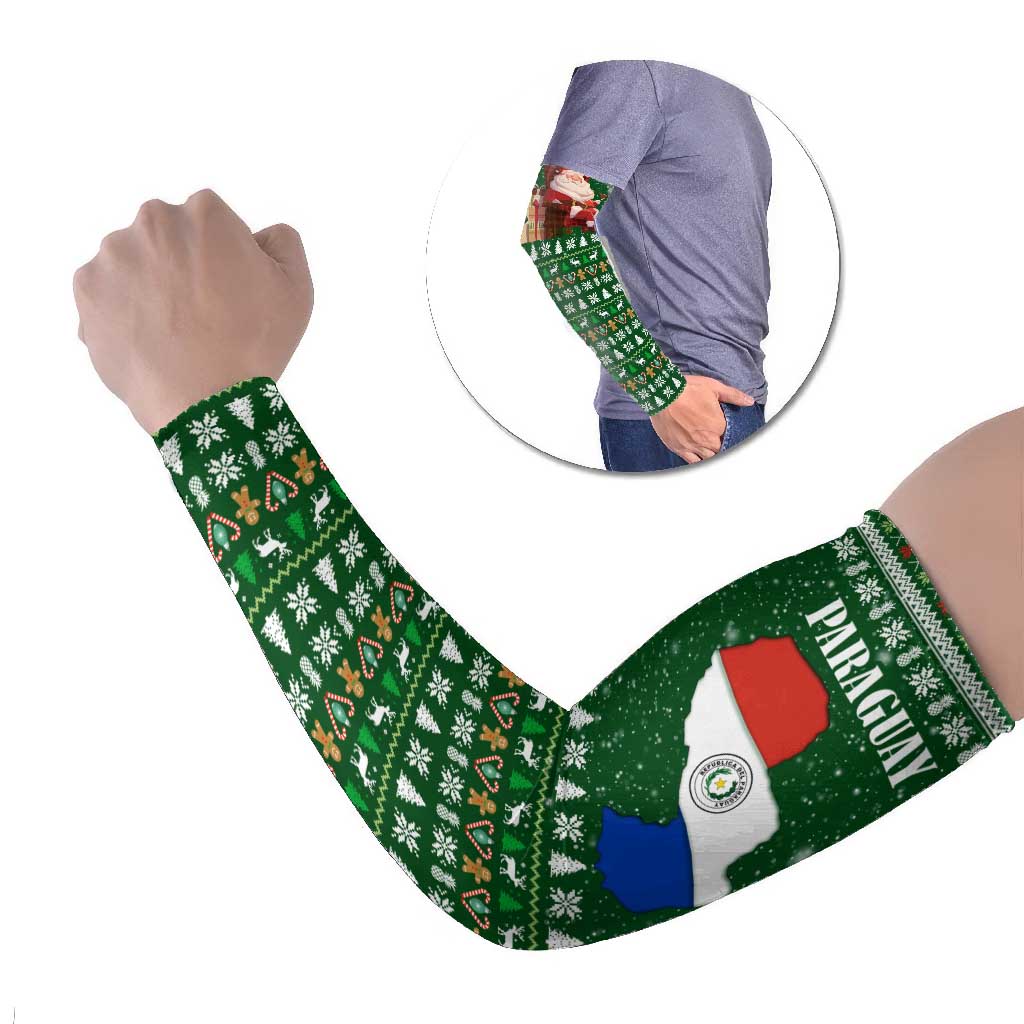 Paraguay Christmas Arm Sleeves with Green Festive Pattern, Map and Flag Motif, and Santa Illustration - Wonder Print Shop