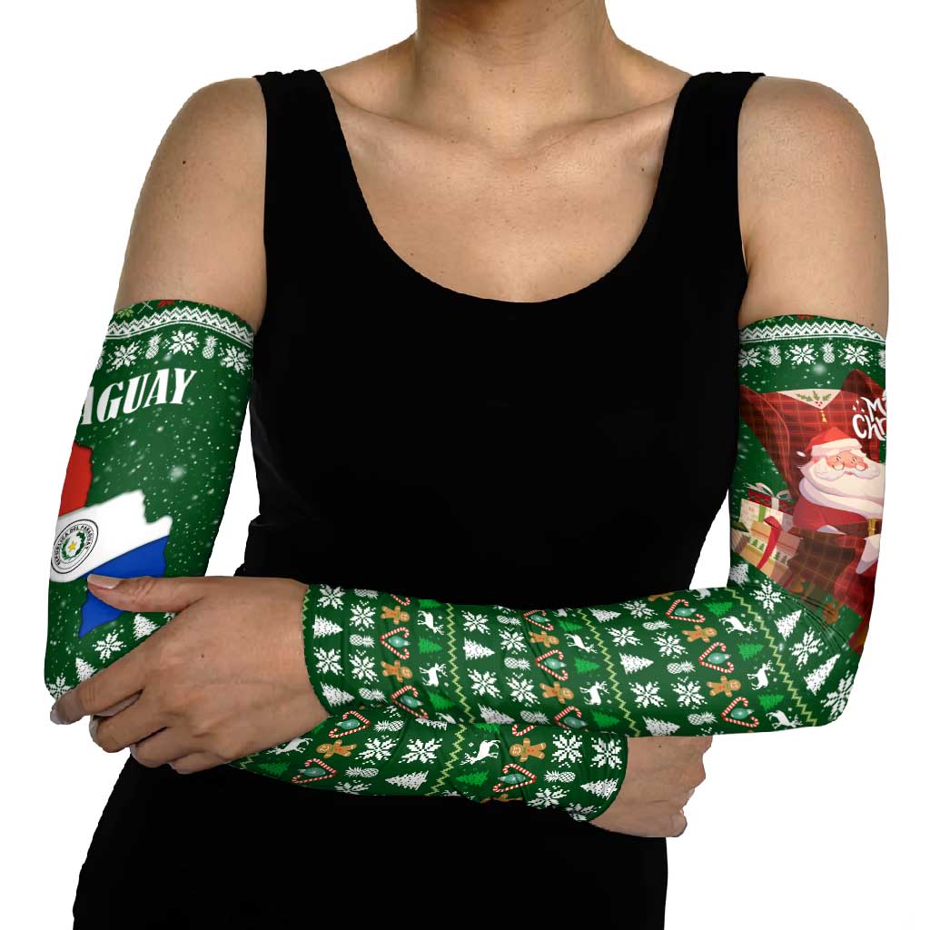 Paraguay Christmas Arm Sleeves with Green Festive Pattern, Map and Flag Motif, and Santa Illustration - Wonder Print Shop