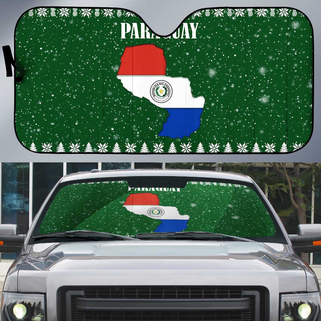 Paraguay Christmas Auto Sun Shade with Green Festive Pattern, Map and Flag Motif, and Santa Illustration - Wonder Print Shop