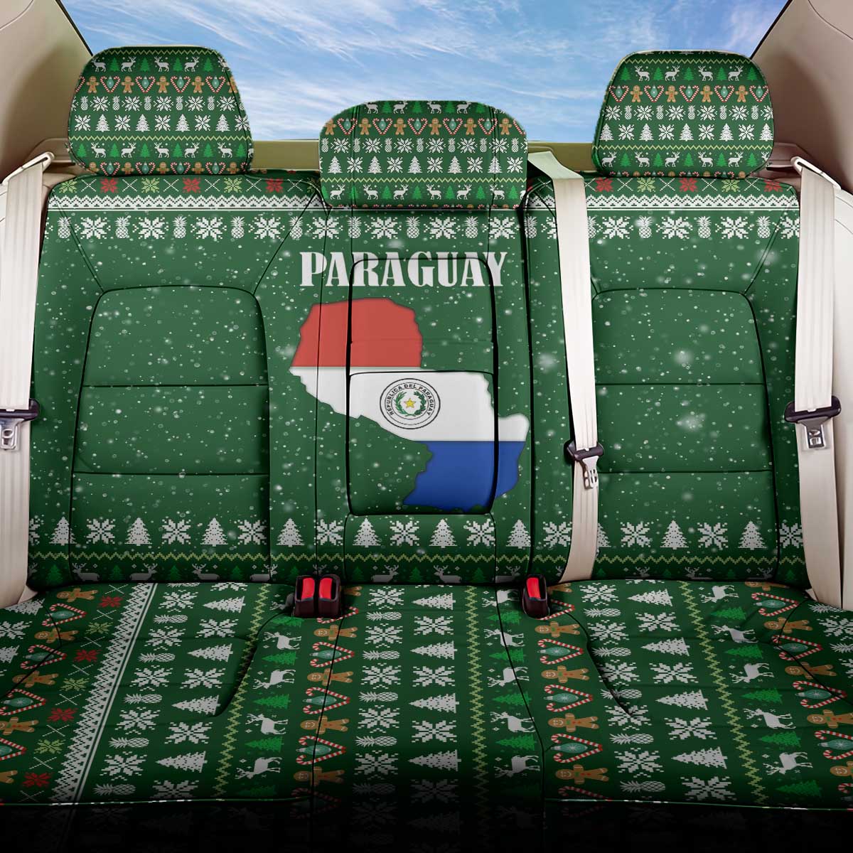 Paraguay Christmas Back Car Seat Cover with Green Festive Pattern, Map and Flag Motif, and Santa Illustration - Wonder Print Shop