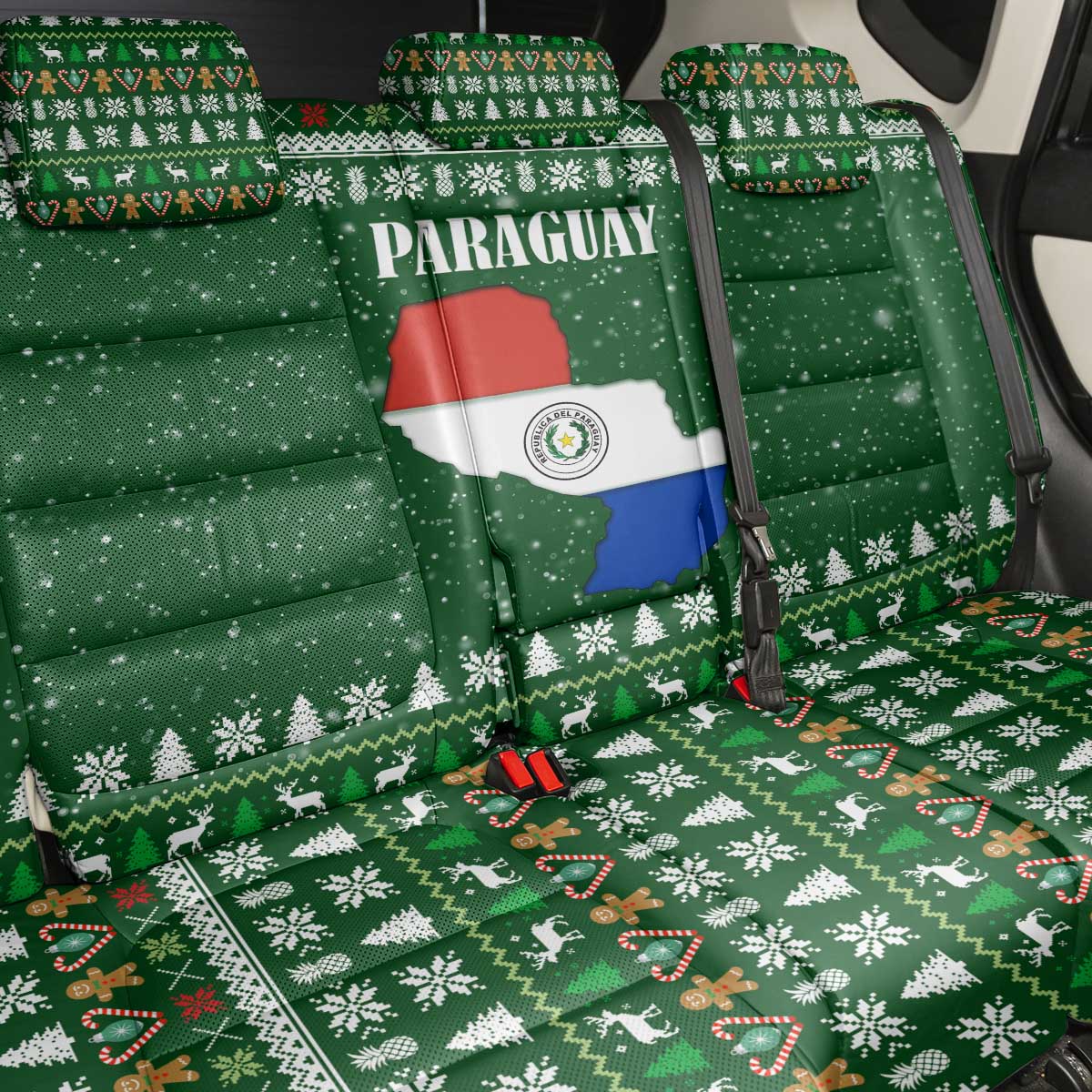 Paraguay Christmas Back Car Seat Cover with Green Festive Pattern, Map and Flag Motif, and Santa Illustration - Wonder Print Shop