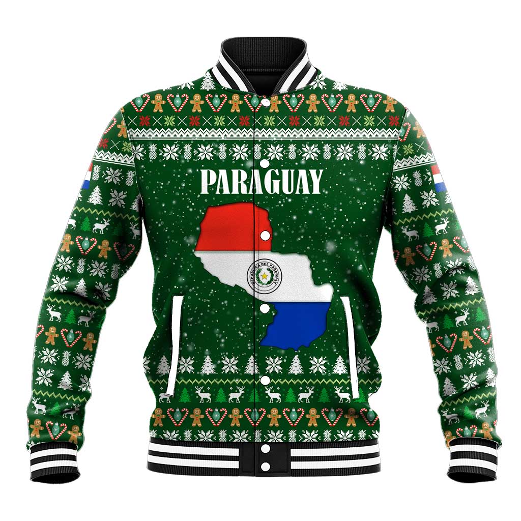 Paraguay Christmas Baseball Jacket with Green Festive Pattern, Map and Flag Motif, and Santa Illustration - Wonder Print Shop