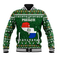 Paraguay Christmas Baseball Jacket with Green Festive Pattern, Map and Flag Motif, and Santa Illustration - Wonder Print Shop