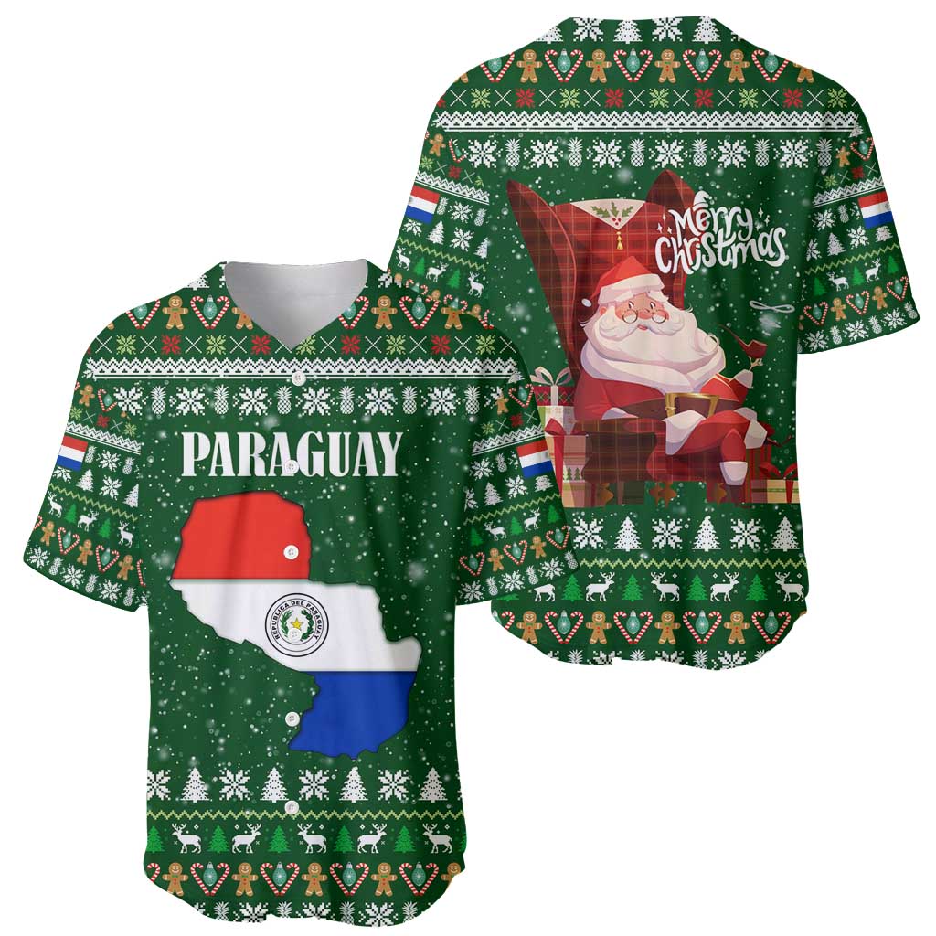 Paraguay Christmas Baseball Jersey with Green Festive Pattern, Map and Flag Motif, and Santa Illustration - Wonder Print Shop