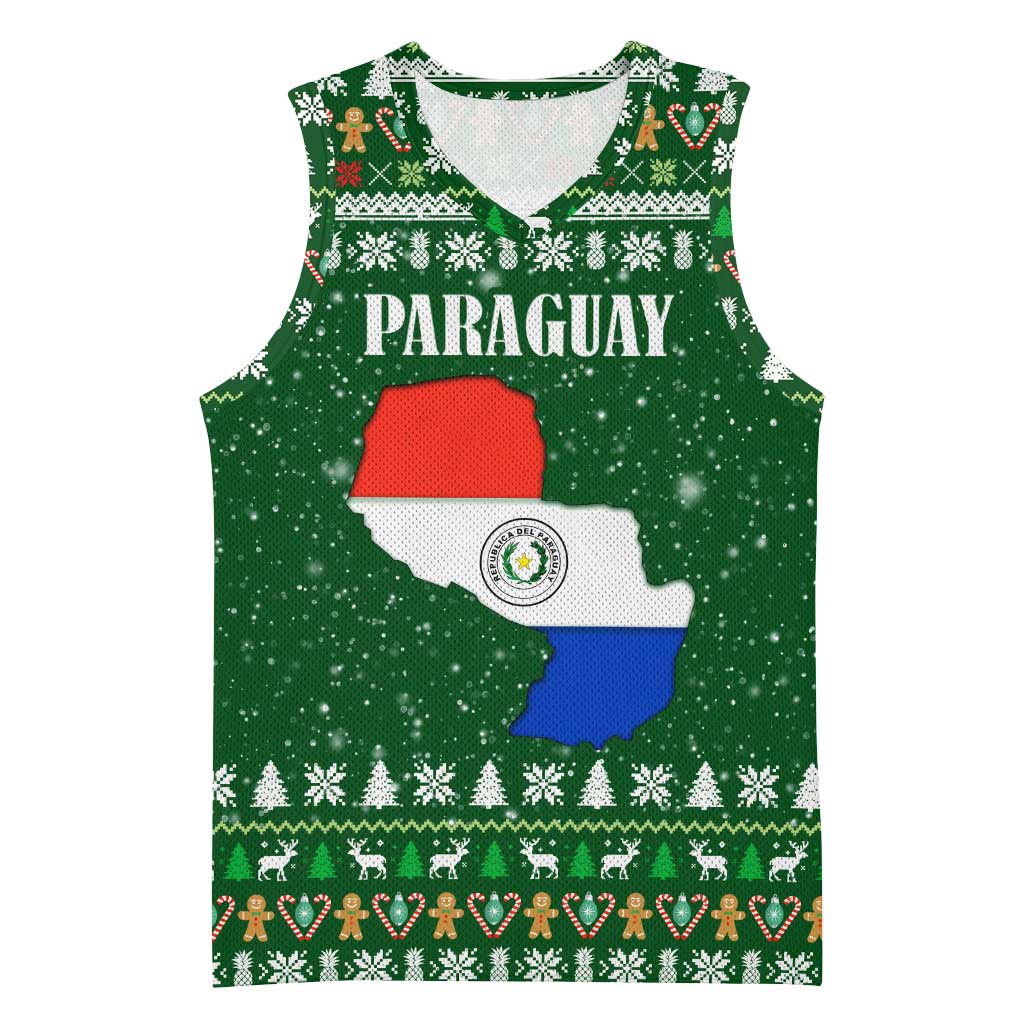 Paraguay Christmas Basketball Jersey with Green Festive Pattern, Map and Flag Motif, and Santa Illustration - Wonder Print Shop