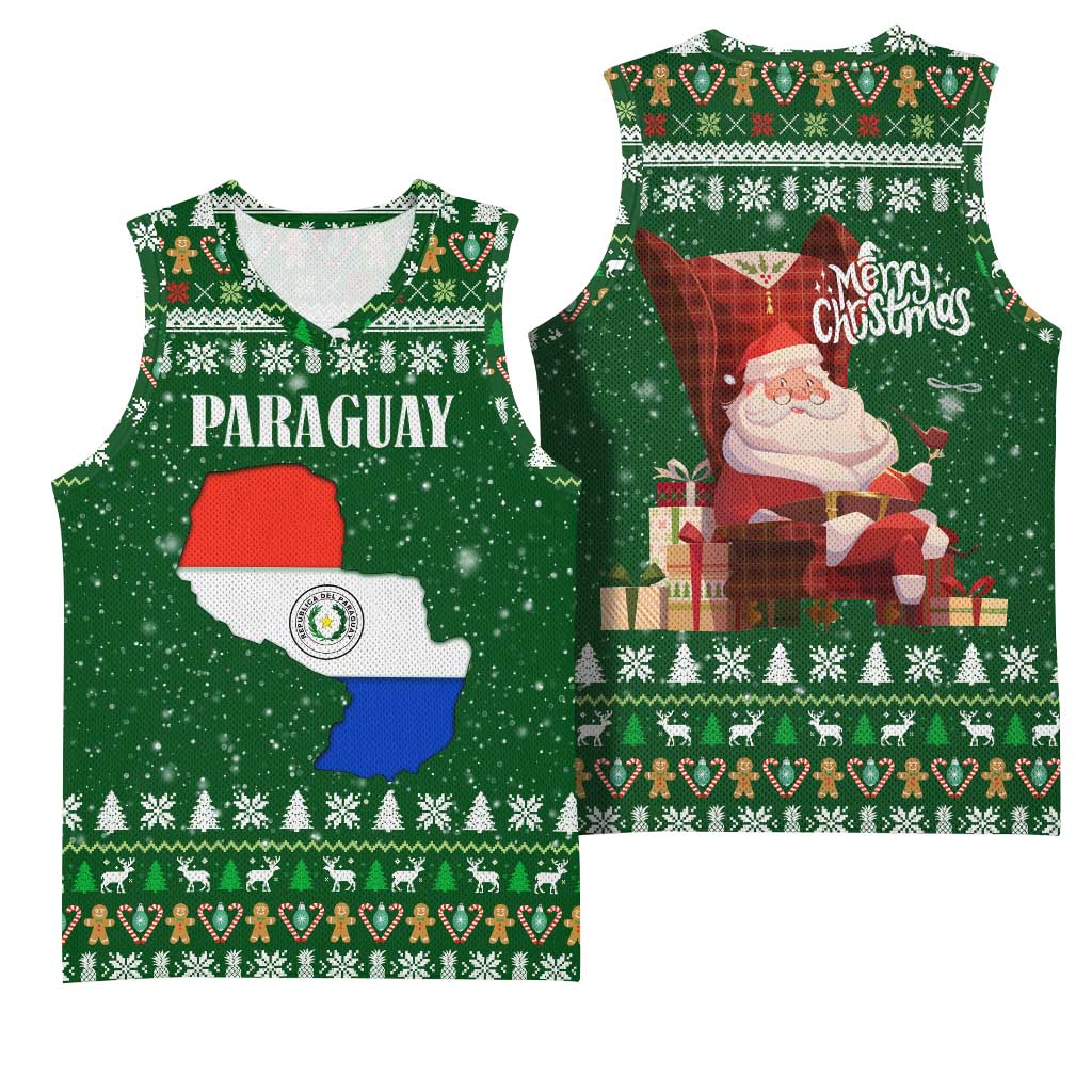 Paraguay Christmas Basketball Jersey with Green Festive Pattern, Map and Flag Motif, and Santa Illustration - Wonder Print Shop
