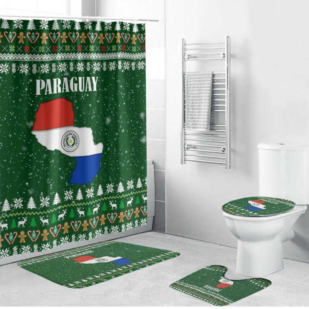 Paraguay Christmas Bathroom Set with Green Festive Pattern, Map and Flag Motif, and Santa Illustration - Wonder Print Shop