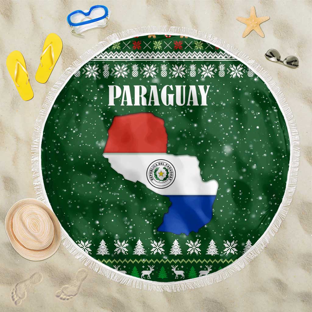 Paraguay Christmas Beach Blanket with Green Festive Pattern, Map and Flag Motif, and Santa Illustration - Wonder Print Shop