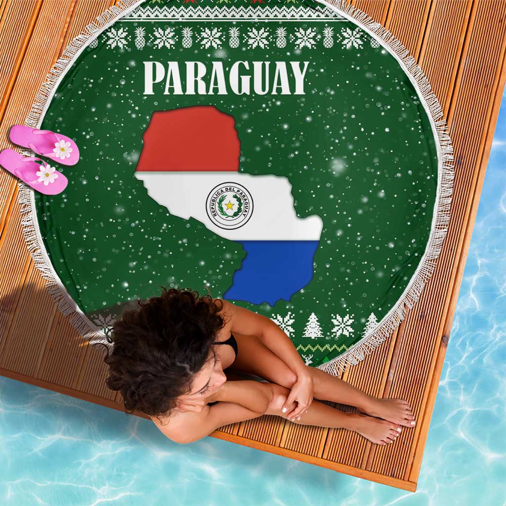Paraguay Christmas Beach Blanket with Green Festive Pattern, Map and Flag Motif, and Santa Illustration - Wonder Print Shop