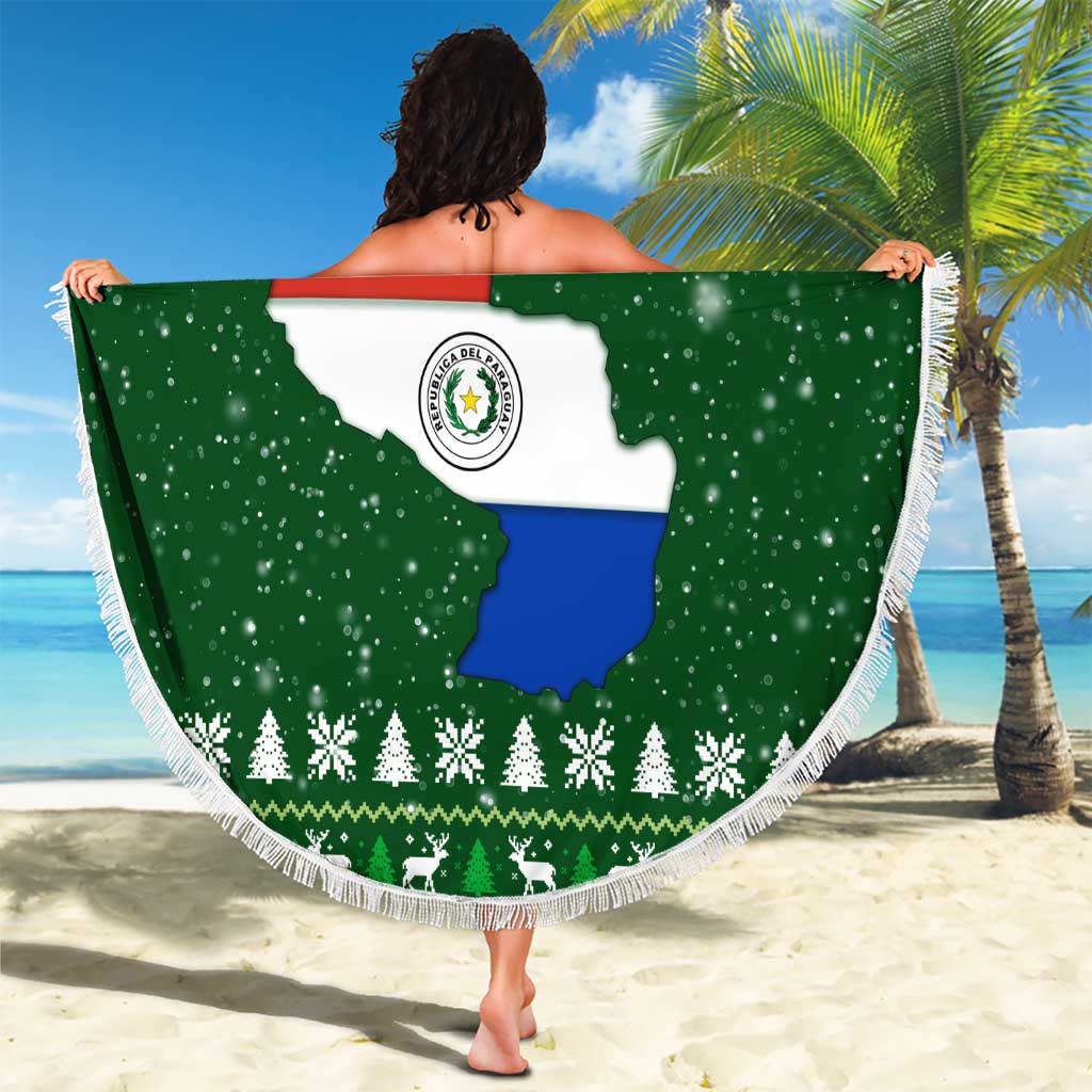 Paraguay Christmas Beach Blanket with Green Festive Pattern, Map and Flag Motif, and Santa Illustration - Wonder Print Shop