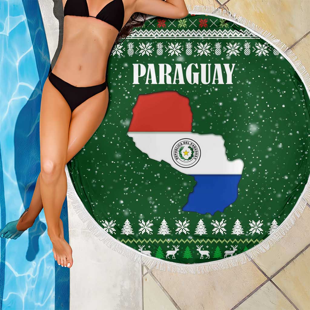 Paraguay Christmas Beach Blanket with Green Festive Pattern, Map and Flag Motif, and Santa Illustration - Wonder Print Shop