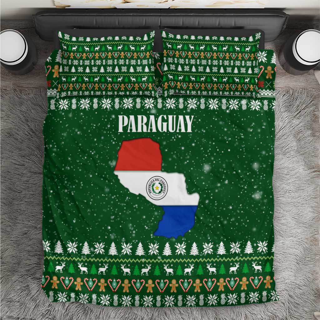 Paraguay Christmas Bedding Set with Green Festive Pattern, Map and Flag Motif, and Santa Illustration - Wonder Print Shop