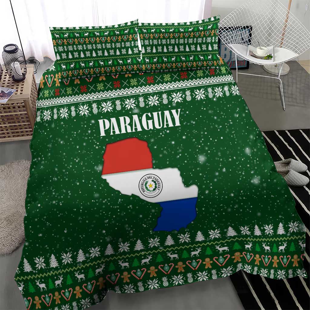 Paraguay Christmas Bedding Set with Green Festive Pattern, Map and Flag Motif, and Santa Illustration - Wonder Print Shop