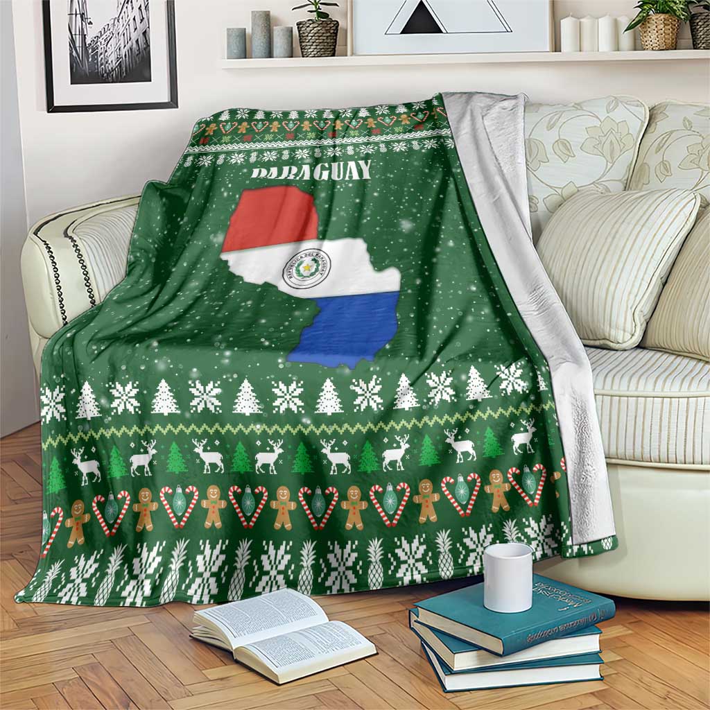 Paraguay Christmas Blanket with Green Festive Pattern, Map and Flag Motif, and Santa Illustration - Wonder Print Shop